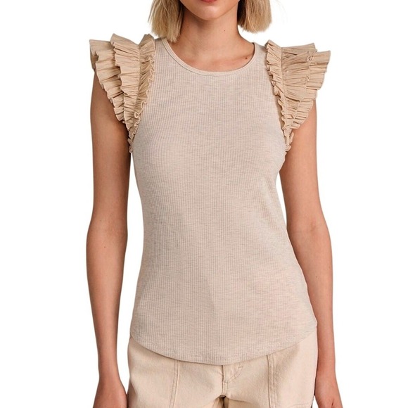 Ulla Johnson Lilo Top in Cobblestone tan with ruffle shoulders Medium - Picture 1 of 11